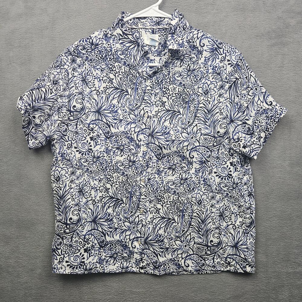 Sigrid Olsen Linen Button Up Shirt Blue White Floral Women’s Small Coastal